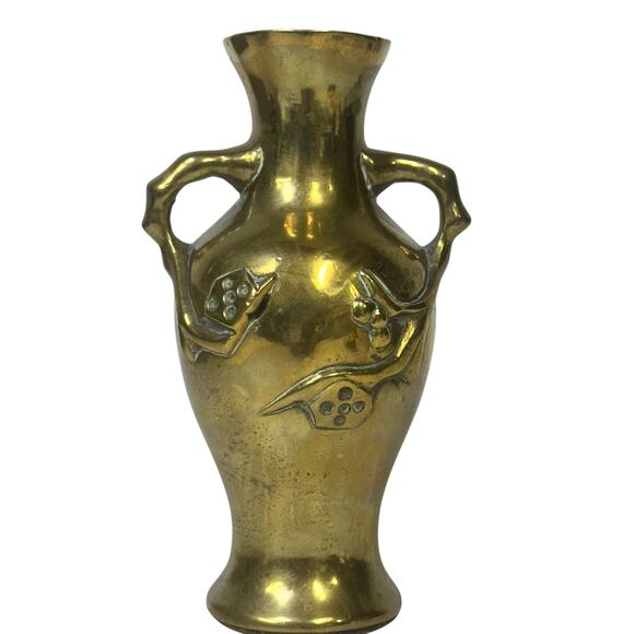 Japanese Antique Meiji Double Handle Bamboo Flower Art Nouveau Solid Brass Vase - Picture 3 of 5